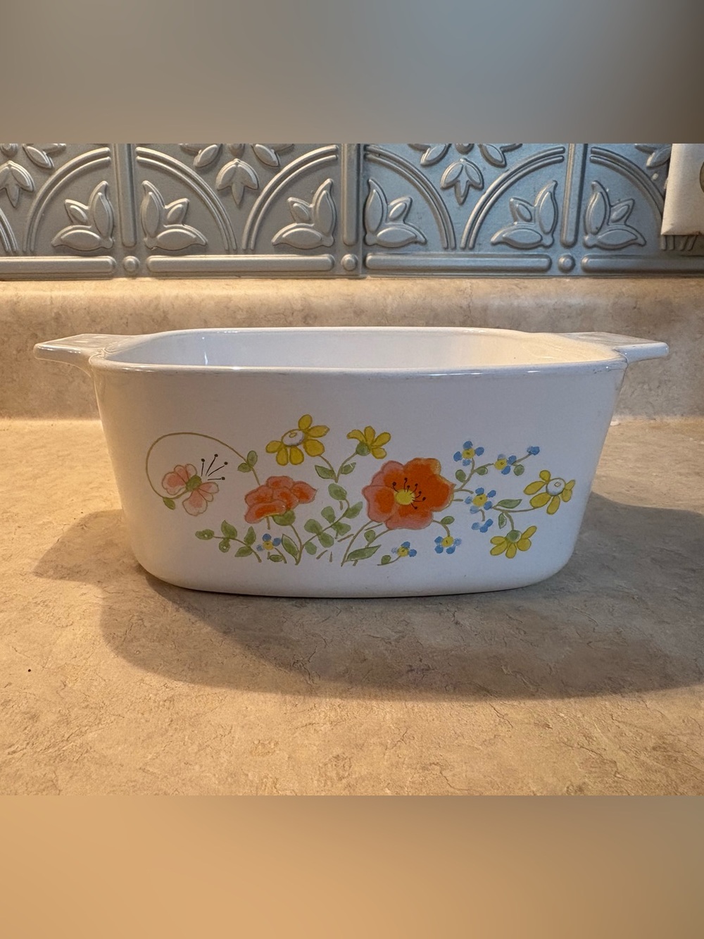 Vintage Corning Ware Floral White Ceramic Baking Dish w/ Orange & Yellow Flowers